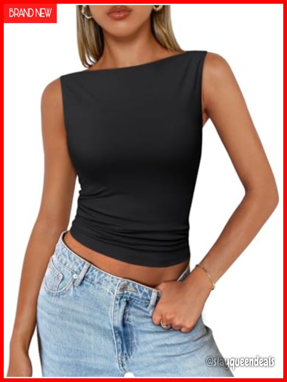 Women Boat Neck Sleeveless Tank Top Nylon Spandex Summer Basic Crop Tee